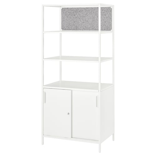 A white TROTTEN cabinet with open and closed storage, accessible from both sides, perfect as a room divider.