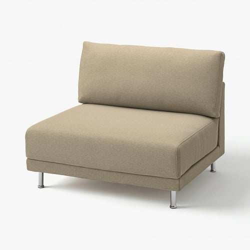 UPPÅKRA: beige sofa. Soft, modern. Cushioned seat & back. Chrome legs. Recycled fabric.