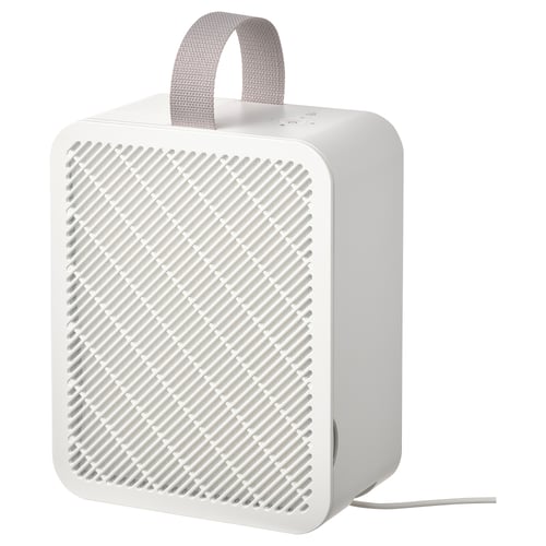 A white UPPÅTVIND air purifier. It has a square shape with a top handle and a textured front panel. The device stands upright and appears portable.