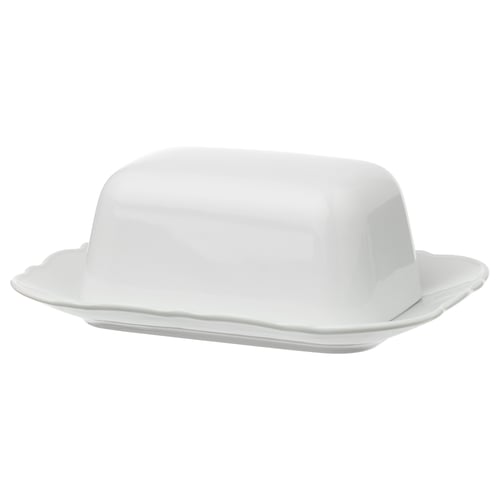 A white UPPLAGA porcelain butter dish with a soft ruffled edge, designed for everyday use.