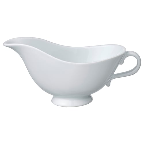A white UPPLAGA gravy boat. Its made of durable porcelain with a rural, rustic design. The spout is on the left and it has a handle on the right.