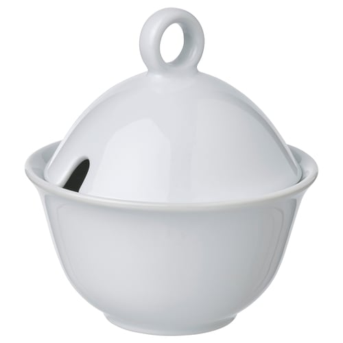 A white UPPLAGA porcelain sugar bowl with a lid, featuring a ruffled edge design. It is round and durable.