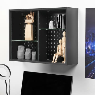 UPPSPEL Glass-door cabinet, dark grey, 76x56 cm