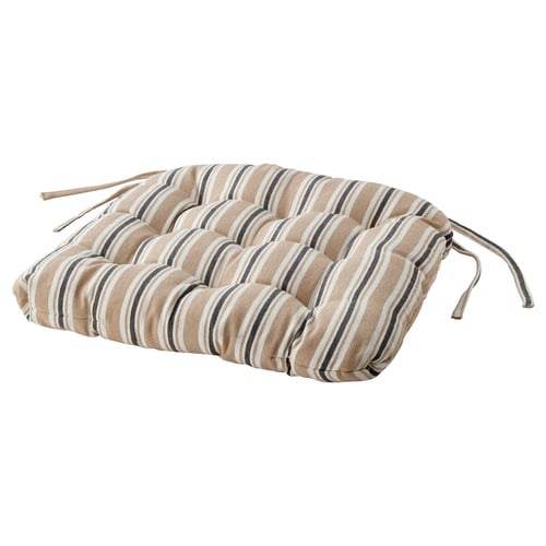 A VATTENMOTT chair cushion in beige and black stripes. It is square-shaped with ties to secure it. The fabric is a cotton-jute blend.