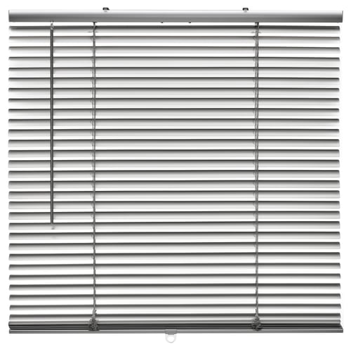 VECKLARFLY silver venetian blinds, sleek and modern. Aluminium slats, cordless design, fits various window types.