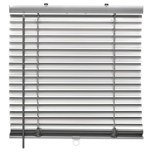 VECKLARFLY light grey aluminium venetian blinds, closed, rectangular, clean design.