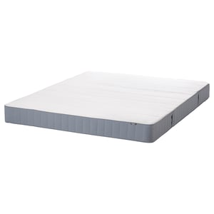 Grey VESTMARKA mattress, rectangular, firm, white top, quilted sides, 10-yr guarantee.