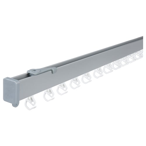 VIDGA curtain rail system, silver, made of aluminium and plastic, horizontal bar design, multiple hooks attached.
