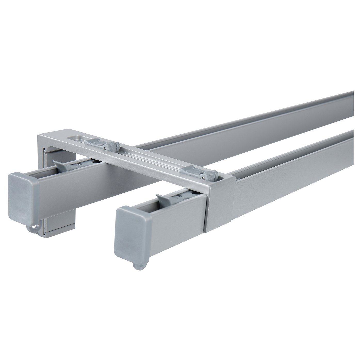 A silver VIDGA double curtain rod system. It includes two horizontal rails and supporting brackets, designed to hold multiple curtain layers.