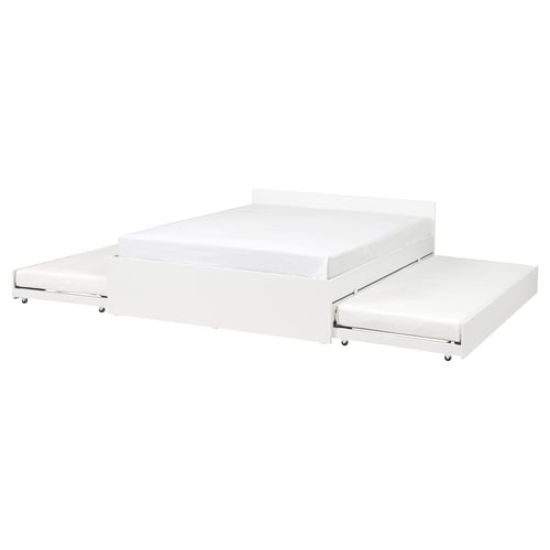 White VIHALS bed frame with two trundles. Minimalist design, smooth surfaces.