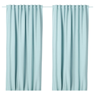 VILBORG Room darkening curtains, 1 pair, white/turquoise/with heading tape, 145x300 cm
