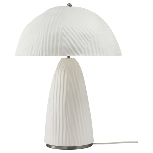 A white VINDKRAFT lamp with a ribbed design, featuring a dome shade and cylindrical base made of moulded paper pulp.