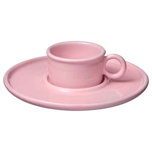 Pink ceramic coffee set, shiny glazed finish, round handle.