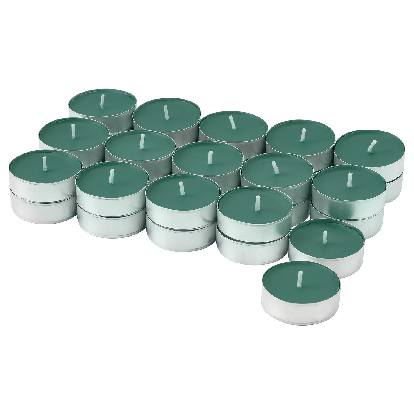 Collection of green VINTERFINT tea-light candles in aluminium cups, arranged neatly.