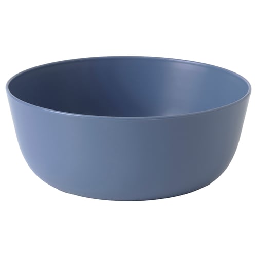 Single blue plastic bowl, round shape, smooth design.