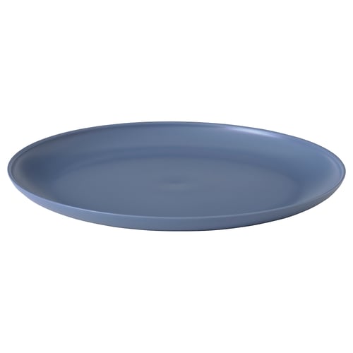 This image a blue VITABBORRE plate with a smooth, circular design made of plastic, ideal for both indoor and outdoor use.