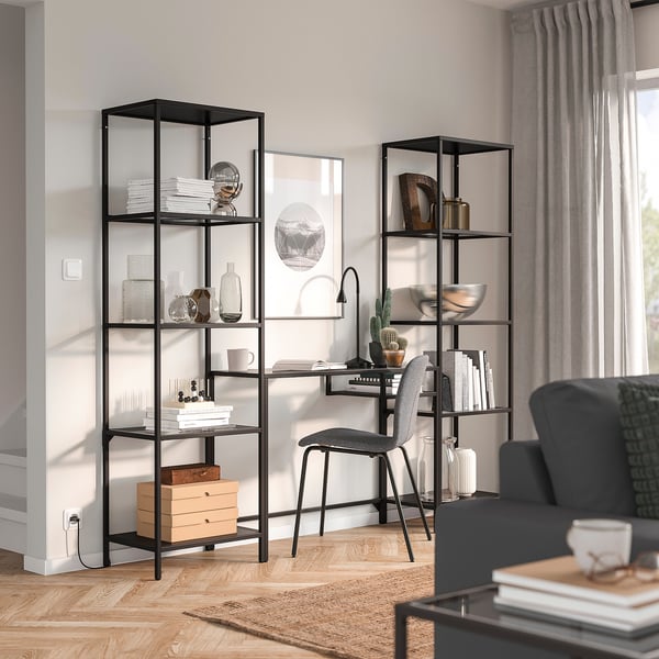 VITTSJÖ Shelving unit with laptop table, black-brown/glass, 202x36x175 cm