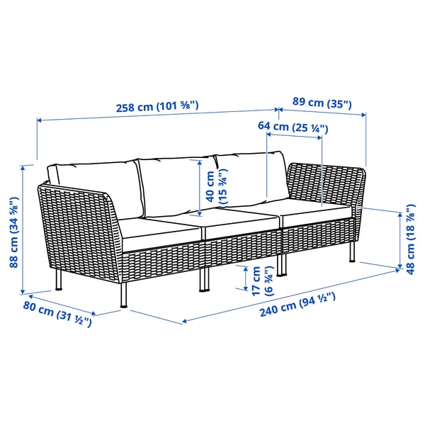 VITTSKÄR 3-seat modular sofa, armrests outdoor/plastic rattan dark grey Frösön/Duvholmen beige
