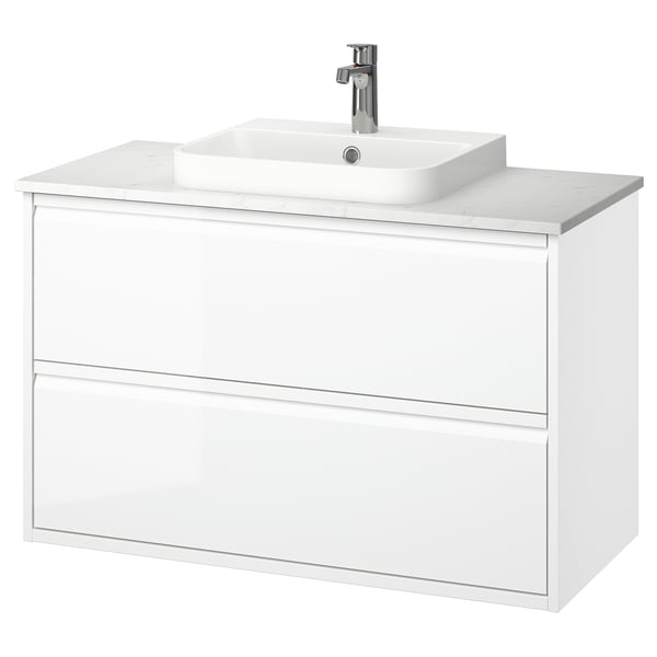 ÄNGSJÖN moble de bany blanc amb lavabo. Modern, brillant, rectangular, de paret. Calaix individual, taulell de marbre, aixeta cromada.