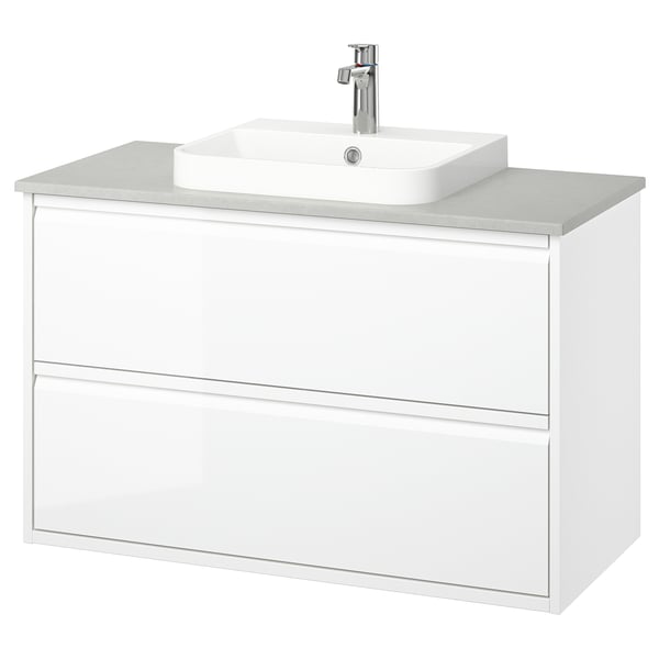 Lavabo blanc modern amb disseny elegant, lavabo semi-encastat, nanses mínimes, muntatge a la paret.
