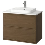 Tocador de bany modern, acabat fusta, lavabo quadrat, aixeta cromada.