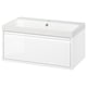 Tocador de bany modern blanc amb calaix elegant sense maneta, muntat a la paret i pica superior de marbre.