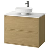 Tocador modern de roure, tapa de marbre blanc, lavabo rodó, aixeta cromada.