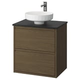 Tocador de bany de fusta fosca amb marbre negre, lavabo rodó, disseny minimalista.