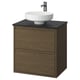 Tocador de bany de fusta fosca amb marbre negre, lavabo rodó, disseny minimalista.