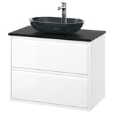 Moble de bany blanc modern amb lavabo de vidre fosc, disseny minimalista, nanses elegants, opció de muntatge a la paret o pota, emmagatzematge complet de calaixos.