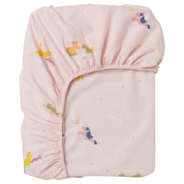 BARNDRÖM Llençol ajustable, rosa/motiu d'unicorn, 90x200 cm
