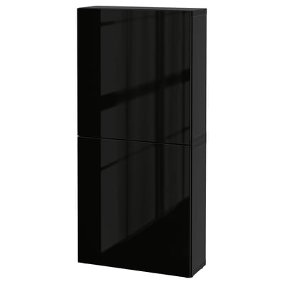Armari BESTÅ negre, modern, rectangular, acabat brillant, paret, dues portes de vidre.