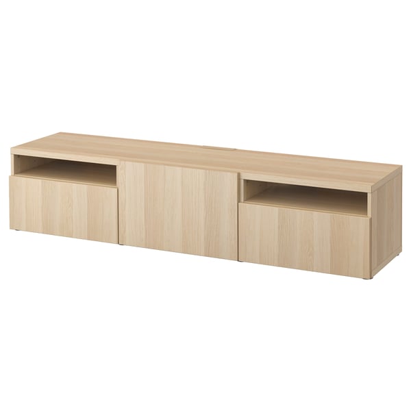 Banc de TV ikea BESTÅ de fusta clara amb portes corredisses, calaixos, disseny modern.