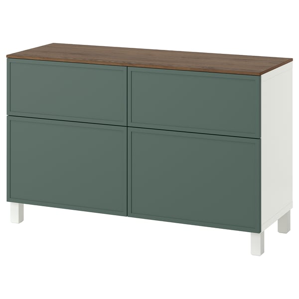 BESTÅ Combi emmagatz portes/calaixos, blanc/Krukmakare gris fosc-verd, 120x42x75 cm