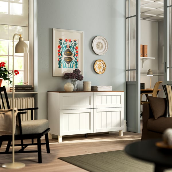 BESTÅ Combi emmagatz portes/calaixos, blanc/Pipmakare blanc, 120x42x75 cm