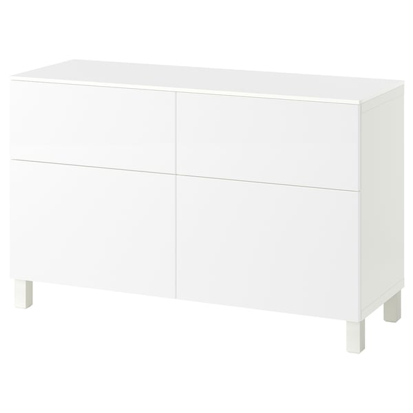 BESTÅ Combi emmagatz portes/calaixos, blanc/Selsviken/Stubbarp blanc, 120x42x75 cm