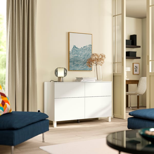 BESTÅ Combi emmagatz portes/calaixos, blanc/Selsviken/Stubbarp blanc, 120x42x75 cm