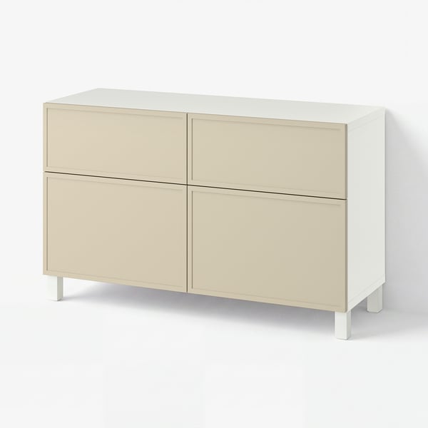 BESTÅ Combi emmagatz portes/calaixos, Krukmakare beix/Stubbarp blanc, 120x42x74 cm