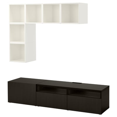 Suport de TV negre modern amb línies elegants i prestatges blancs oberts a sobre. Disseny minimalista i contemporani.