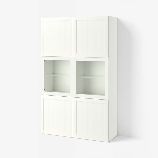 BESTÅ Emmagatz+portes vidre, blanc/Pipmakare blanc, 120x42x193 cm