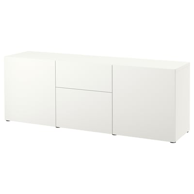 Aparador BESTÅ blanc amb prestatges i calaixos regulables per a l'emmagatzematge.