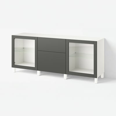 BESTÅ Emmagatzematge amb calaixos, blanc Lappviken/Sindvik/Stubbarp gris fosc, 180x42x74 cm