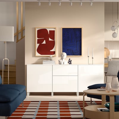 BESTÅ Emmagatzematge amb calaixos, blanc/Selsviken/Stubbarp blanc brillant, 180x42x75 cm