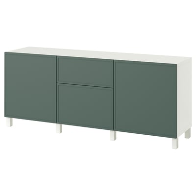 BESTÅ Emmagatzematge amb calaixos, Krukmakare gris fosc-verd/Stubbarp blanc, 180x42x74 cm