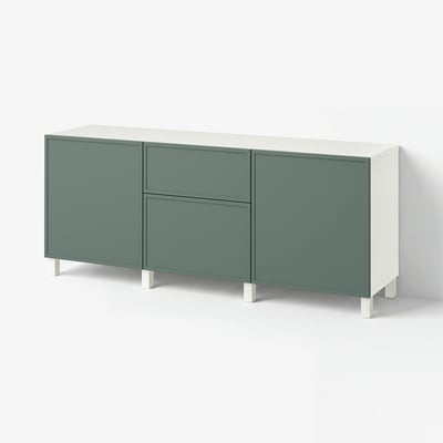 BESTÅ Emmagatzematge amb calaixos, Krukmakare gris fosc-verd/Stubbarp blanc, 180x42x74 cm