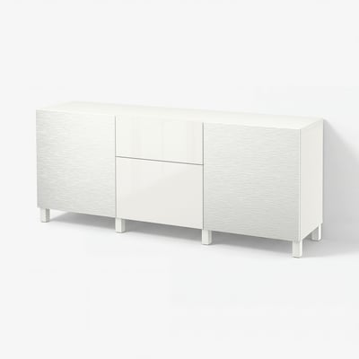BESTÅ Emmagatzematge amb calaixos, Laxviken blanc/Selsviken alta lluentor/blanc, 180x42x74 cm