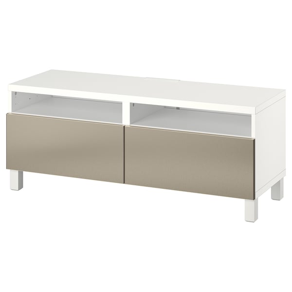 Suport de TV blanc modern amb dos calaixos daurats, prestatge central obert, disseny elegant.