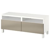 Suport de TV blanc modern amb dos calaixos daurats, prestatge central obert, disseny elegant.