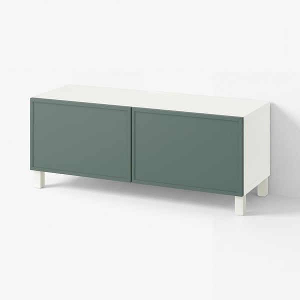 BESTÅ Moble de TV amb portes, blanc/Krukmakare gris fosc-verd, 120x42x48 cm