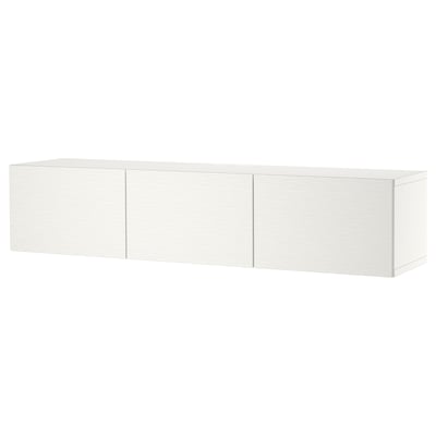 Banc de TV BESTÅ blanc, 3 compartiments, muntatge a la paret, gestió de cables.